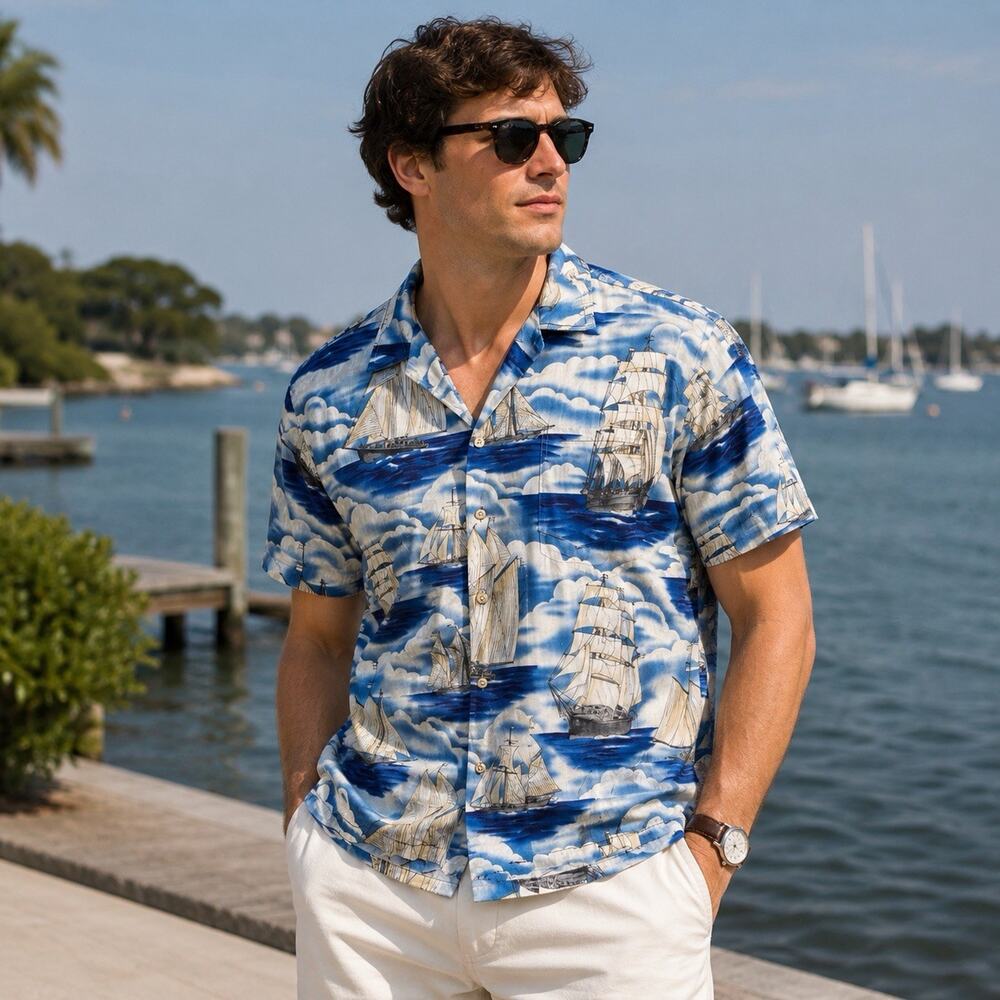 Vintage Kalaheo Hawaiian Shirt Men’s Large Blue Sailboat Aloha Camp Shirt Hawaii